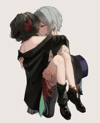 Rule 34 | 2girls, absurdres, bare shoulders, black coat, black footwear, black hair, boots, carrying, closed eyes, coat, commentary, english commentary, feather hair ornament, feathers, grey background, grey hair, hair ornament, hand on another&#039;s back, hand on another&#039;s neck, hat, highres, hug, kiss, kyan (wstckhl), long sleeves, multiple girls, off shoulder, princess carry, reverse:1999, schneider (reverse:1999), short hair, simple background, top hat, unworn hat, unworn headwear, vertin (reverse:1999), yuri
