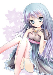 Rule 34 | 1girl, black dress, blush, collarbone, commentary request, dress, floral background, flower, frilled dress, frills, grey eyes, hands on own chest, head tilt, light purple hair, looking at viewer, no shoes, original, panties, parted lips, pink ribbon, pink thighhighs, puffy short sleeves, puffy sleeves, ribbon, ribbon-trimmed dress, shihou haru, short sleeves, solo, thighhighs, underwear, white background, white panties