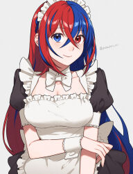 Rule 34 | 1girl, alear (female) (fire emblem), alear (fire emblem), alternate costume, apron, blue eyes, blue hair, braid, breasts, commentary request, crossed bangs, crown braid, fire emblem, fire emblem engage, frilled apron, frills, heterochromia, highres, juliet sleeves, long hair, long sleeves, looking at viewer, maid, maid apron, maid headdress, medium breasts, multicolored hair, nintendo, peach11 01, puffy short sleeves, puffy sleeves, red eyes, red hair, short sleeves, smile, solo, split-color hair, tiara, two-tone hair, very long hair, white apron