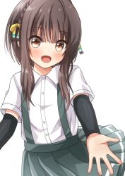 Rule 34 | 1girl, arm warmers, asashio (kancolle), asashio (kancolle) (cosplay), blush, brown eyes, brown hair, comiching, cosplay, green skirt, kantai collection, looking at viewer, open mouth, pleated skirt, school uniform, shirt, short hair with long locks, short sleeves, simple background, skirt, smile, solo, suspender skirt, suspenders, ukuru (kancolle), white background, white shirt