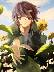 Rule 34 | 1girl, black hair, brown eyes, eyebrows, female focus, field, flower, flower field, glasses, green jacket, hair ornament, hairclip, highres, holding, holding stuffed toy, jacket, long skirt, looking at viewer, misaki shiki, nyantan, open mouth, outdoors, outstretched arm, outstretched hand, round eyewear, shirt, short hair, skirt, smile, solo, stuffed animal, stuffed cat, stuffed toy, subarashiki kono sekai, uatrabae, white shirt