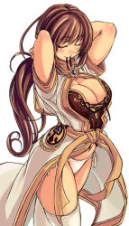 Rule 34 | 1girl, adjusting hair, arms behind back, arms behind head, arms up, breasts, brown hair, bustier, cleavage, closed eyes, curvy, dress, hands in hair, large breasts, lingerie, long hair, mil (xration), monk (ragnarok online), mouth hold, panties, ragnarok online, ribbon, ribbon in mouth, robe, side-tie panties, simple background, solo, standing, thighhighs, thighs, tying hair, underwear, white background, white dress, white panties, white thighhighs