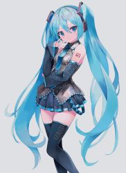 Rule 34 | 1girl, absurdres, arm tattoo, black skirt, black thighhighs, blue eyes, blue hair, blue nails, blue necktie, detached sleeves, feet out of frame, grey background, grey shirt, hatsune miku, headphones, highres, long hair, long sleeves, looking at viewer, microphone, nail polish, necktie, pleated skirt, print thighhighs, shirt, sidelocks, skirt, smile, solo, takepon1123, tattoo, thighhighs, twintails, very long hair, vocaloid