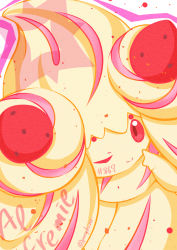 Rule 34 | alcremie, alcremie (strawberry sweet), alcremie (vanilla cream), character name, commentary request, creature, creatures (company), face, food, fruit, game freak, gen 8 pokemon, nintendo, no humans, one eye closed, pokedex number, pokemon, pokemon (creature), pori, red eyes, signature, simple background, solo, strawberry, white background