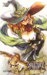 Rule 34 | 1girl, bird, blonde hair, breasts, cleavage, contrapposto, copyright name, dress, grand knights history, hat, holding, holding wand, huge breasts, juliet sleeves, long hair, long sleeves, looking at viewer, muse cromwell, non-web source, official art, owl, perspective, puffy sleeves, red eyes, scan, smile, solo, standing, vanillaware, vertical-striped leggings, wand, witch, witch hat