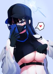 Rule 34 | 1girl, absurdres, bare shoulders, baseball cap, black gloves, black hair, black hat, black mask, black shirt, blue archive, blue eyes, blunt bangs, blush, breasts, cellphone, chest harness, clothes lift, coat, commentary, crop top, gloves, halo, harness, hat, heart, highres, holding, holding phone, large breasts, lifting own clothes, long hair, mask, mouth mask, navel, phone, saori (blue archive), selfie, shirt, shirt lift, sleeveless, sleeveless shirt, smartphone, solo, spoken heart, ssb (nit8921), standing, stomach, underboob, underbust, upper body, white coat