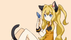 Rule 34 | 1girl, animal ears, blue eyes, cat ears, cat tail, collared shirt, expressionless, feathers, holding, holding feather, knees up, long hair, lupin strawberry, seeu, shirt, sleeveless, sleeveless shirt, solo, tail, two side up, very long hair, vocaloid, wrist cuffs