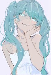 Rule 34 | 1girl, aqua eyes, aqua hair, arm at side, bare shoulders, dress, flat chest, glowing, glowing eyes, grin, hair between eyes, hair over shoulder, hand on own cheek, hand on own face, hand up, hatsune miku, highres, long hair, looking at viewer, makoto (roketto-massyumaro), patchwork skin, screw, simple background, sketch, smile, solo, stitched face, stitched neck, stitches, strapless, strapless dress, twintails, upper body, vocaloid, white dress