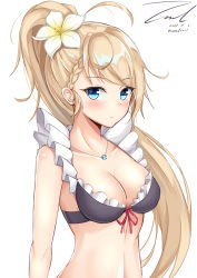 Rule 34 | 1girl, alternate hairstyle, bare shoulders, beach, bikini, black bikini, blonde hair, blue eyes, blush, braid, breasts, cleavage, closed mouth, collarbone, crown braid, dated, elbow rest, eyes visible through hair, flower, french braid, g36 (50 days with g36) (girls&#039; frontline), g36 (girls&#039; frontline), girls&#039; frontline, hair between eyes, hair flower, hair ornament, jewelry, long hair, looking at viewer, maid, maid bikini, medium breasts, necklace, ocean, official alternate costume, ponytail, sand, sidelocks, signature, simple background, solo, swimsuit, table, twitter username, unconventional maid, unel, upper body, very long hair, white background
