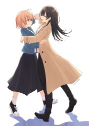 Rule 34 | 2girls, ^ ^, absurdres, ahoge, artist name, black footwear, black hair, black pants, black skirt, blue jacket, brown coat, brown eyes, closed eyes, closed mouth, coat, commentary, couple, dancing, earrings, full body, hand on another&#039;s waist, hashtag only commentary, highres, holding hands, jacket, jewelry, koito yuu, long hair, long sleeves, looking at another, multiple girls, nanami touko, open clothes, open coat, open jacket, open mouth, orange hair, pants, shadow, shanays, shirt, short hair, simple background, skirt, socks, white background, white shirt, white socks, yagate kimi ni naru, yuri
