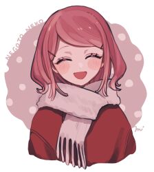 Rule 34 | 1girl, blush, blush stickers, cropped torso, facing viewer, hair ornament, hairclip, highres, maco22, open mouth, original, pink hair, scarf, short hair, smile, solo