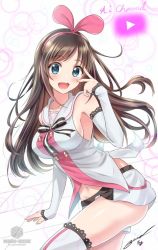 Rule 34 | 1girl, arm up, arm warmers, armpits, bare shoulders, blue eyes, blush, boots, bow, breasts, brown hair, collarbone, full body, hair bow, hairband, kizuna ai, kizuna ai inc., lace, lace-trimmed legwear, lace trim, long hair, looking at viewer, medium breasts, navel, official art, open mouth, outstretched arm, outstretched hand, pink bow, pink hairband, ribbon, sailor collar, short shorts, shorts, sideboob, simple background, smile, solo, standing, striped clothes, striped ribbon, striped thighhighs, swept bangs, tagme, thigh boots, thighhighs, vest, white background, white footwear, white shorts, white thighhighs, white vest