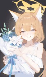 Rule 34 | 1girl, absurdres, animal ear fluff, animal ears, blue archive, blue eyes, blush, bouquet, cat ears, collarbone, dress, flower, grin, halo, highres, holding, holding bouquet, long hair, looking at viewer, mari (blue archive), orange hair, seizou hidzuke, smile, solo, upper body, white dress, white flower, yellow halo