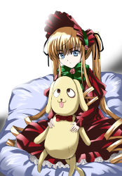 Rule 34 | 00s, 1girl, animal, blonde hair, blue eyes, bonnet, bow, bowtie, dog, doll, dress, flower, green bow, green bowtie, kunkun, long hair, long sleeves, looking at viewer, lowres, midori (searchlight), pillow, red dress, rose, rozen maiden, shinku, sidelocks, sitting, solo, twintails, very long hair