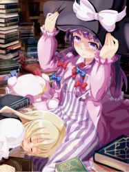 Rule 34 | 2girls, blonde hair, blush, book, book stack, bow, crescent, furyouhin (bubumelon), hair bow, hat, kirisame marisa, lap pillow, long hair, looking at viewer, multiple girls, open mouth, patchouli knowledge, purple eyes, purple hair, sitting, sleeping, smile, touhou, witch hat