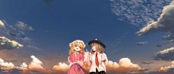 Rule 34 | 2girls, arm up, black headwear, blonde hair, brown hair, cloud, cloudy sky, closed eyes, highres, looking at another, maribel hearn, multiple girls, necktie, open mouth, pointing, pointing up, sky, smile, suna (s73d), talking, touhou, usami renko, white headwear
