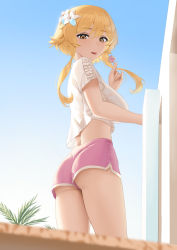 Rule 34 | 1girl, absurdres, alternate costume, ass, blonde hair, bloom, blouse, breasts, candy, cowboy shot, crop top, flower, food, from below, from side, genshin impact, hair between eyes, hair flower, hair ornament, highres, large breasts, lollipop, long bangs, long hair, looking at viewer, lordol, lumine (genshin impact), midriff, outdoors, palm tree, pink shorts, shirt, short shorts, shorts, sidelocks, sky, solo, thighs, tongue, tree, white shirt, yellow eyes