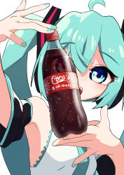 Rule 34 | 1girl, absurdres, ahoge, aqua nails, aqua necktie, bare shoulders, black sleeves, bottle, coca-cola, commentary, detached sleeves, hair ornament, hands up, hatsune miku, headphones, highres, holding, holding bottle, kinosuke (pattaba), long hair, looking at viewer, nail polish, necktie, open mouth, product placement, shirt, simple background, sleeveless, sleeveless shirt, smile, soda bottle, solo, twintails, upper body, vocaloid, white background, white shirt