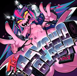 Rule 34 | ahegao, album cover, ass, blue hair, bracelet, colored sclera, colored skin, cover, gashi-gashi, headphones, horns, jewelry, monster girl, original, pink eyes, pink hair, pink skin, sharp teeth, solo, spiked bracelet, spikes, stitches, teeth, tongue, tongue out, yellow sclera