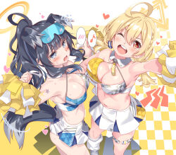 Rule 34 | 2girls, ahoge, animal ears, bare shoulders, black hair, blonde hair, blue archive, blue eyes, blush, braid, breasts, checkered floor, cheerleader, cleavage, dog ears, dog girl, dog tail, eyewear on head, goggles, goggles on head, halo, hibiki (blue archive), hibiki (cheer squad) (blue archive), highres, holding, holding pom poms, kotori (blue archive), kotori (cheer squad) (blue archive), large breasts, long hair, looking at viewer, medium hair, millennium cheerleader outfit (blue archive), multiple girls, navel, official alternate costume, open mouth, pom pom (cheerleading), pom poms, red eyes, revision, shinozuka atsuto, single braid, smile, star sticker, sticker on face, tail, thighs, twintails, yellow background