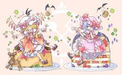 Rule 34 | &gt; &lt;, 2girls, bat wings, blonde hair, blue hair, blueberry, bow, cake, chocolate cake, closed mouth, cup, dress, eating, flandre scarlet, food, fork, frilled dress, frills, fruit, hand on own cheek, hand on own face, highres, holding, holding cup, holding fork, holding spoon, mini person, multiple girls, orange background, patch, pink dress, pink headwear, plate, primsla, red bow, remilia scarlet, sitting, spoon, strawberry, strawberry shortcake, stuffed animal, stuffed toy, teacup, teddy bear, touhou, white headwear, wings