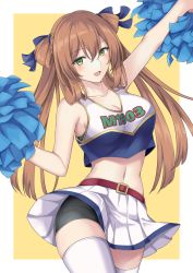 Rule 34 | 1girl, bike shorts, bike shorts under skirt, black shorts, breasts, brown hair, cheering, cheerleader, clothes writing, cowboy shot, crop top, girls&#039; frontline, green eyes, hair between eyes, hair ribbon, highres, holding, holding pom poms, large breasts, long hair, midriff, miniskirt, navel, pleated skirt, pom pom (cheerleading), pom poms, rei (09991), ribbon, shorts, sidelocks, skirt, solo, springfield (girls&#039; frontline), standing, thighhighs, twintails, white skirt, white thighhighs