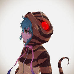 Rule 34 | 10s, 1girl, blue hair, breasts, bright pupils, brown eyes, closed mouth, frown, hair between eyes, highres, hood, hood up, kemono friends, nose, pink ribbon, profile, realistic, ribbon, short hair, small breasts, snake tail, solo, striped tail, tail, tail raised, takami masahiro, tsuchinoko (kemono friends), upper body, white pupils
