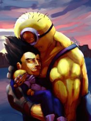 Rule 34 | 2boys, absurdres, black hair, blue bodysuit, bodko (comradebodko), bodysuit, carrying, closed mouth, colored skin, commentary, commission, crossover, crying, cyclops, despicable me, dragon ball, dragonball z, english commentary, closed eyes, feet out of frame, gloves, goggles, highres, hug, male focus, minion (despicable me), multiple boys, muscular, muscular male, one-eyed, princess carry, saiyan armor, short hair, signature, spiked hair, vegeta, what, white gloves, yaoi, yellow skin