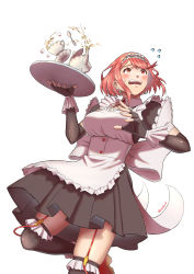 Rule 34 | absurdres, alternate costume, apron, black dress, black gloves, blush, breasts, cowboy shot, cup, dress, enmaided, fingerless gloves, flying sweatdrops, garter straps, gloves, highres, holding, holding tray, large breasts, maid, maid apron, pyra (xenoblade), red eyes, red hair, short hair, simple background, swept bangs, teacup, teapot, thighhighs, tray, underbust, white background, xenoblade chronicles (series), xenoblade chronicles 2, you nf, zettai ryouiki