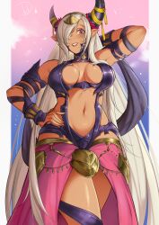 Rule 34 | 1girl, absurdres, arm behind head, asymmetrical horns, bare shoulders, breasts, cleavage, cleavage cutout, clothing cutout, cloud, cloudy sky, commission, cowboy shot, deliciousbrain, dragon girl, fire emblem, fire emblem engage, grey horns, hair ornament, hair over one eye, hand on own hip, highres, horn ornament, horns, large breasts, lips, long hair, mature female, mole, mole above mouth, navel, nintendo, open mouth, pointy ears, purple eyes, revealing clothes, simple background, sky, smile, solo, tan, tassel, tassel hair ornament, uneven horns, very long hair, zelestia (fire emblem)