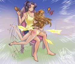 Rule 34 | 2girls, angry, ass, barefoot, bent over, bottomless, crying, embarrassed, female focus, hollyhentai, katsuragi misato, kicking, long hair, multiple girls, neon genesis evangelion, nude, ponytail, restrained, shorts, sitting, sound effects, souryuu asuka langley, spanked, spanking, twintails