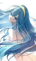 1girl ass blue_eyes blue_hair breasts commentary fire_emblem fire_emblem_awakening from_behind hair_between_eyes hair_censor highres long_hair looking_at_viewer looking_back lucina_(fire_emblem) nintendo nude parted_lips ponfu_y small_breasts solo tiara very_long_hair white_background