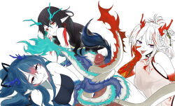 Rule 34 | 3girls, arknights, black hair, blue hair, china dress, chinese clothes, colored extremities, colored skin, dokonjou (odossan), dragon girl, dragon horns, dragon tail, dress, dusk (arknights), dusk (everything is a miracle) (arknights), highres, horns, ling (arknights), long hair, looking at viewer, multiple girls, nian (arknights), nian (unfettered freedom) (arknights), orange eyes, penis, pointy ears, short hair, tail, white background, white hair