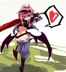 Rule 34 | 1girl, azrael (shirow), boots, cropped jacket, demon girl, demon tail, demon wings, elbow gloves, female focus, gloves, grin, hakama, hakama skirt, headband, heart, japanese clothes, looking at viewer, midriff, navel, original, pink hair, pointy ears, purple eyes, shirow (crazy), skirt, sleeveless, smile, solo, spoken heart, sword, tail, tank top, weapon, white background, wings