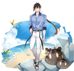 Rule 34 | 1boy, alternate costume, beach, black hair, blue shirt, brown hair, bug, butterfly, closed mouth, cloud, cloudy sky, collared shirt, commentary, conch, day, earrings, english commentary, eyeliner, eyeshadow, full body, genshin impact, gradient hair, hair between eyes, hand in pocket, highres, insect, jewelry, long hair, looking at viewer, makeup, male focus, multicolored hair, ocean, outdoors, pants, ponytail, red eyeshadow, rock, sand, shell, shirt, simple background, single earring, sky, sleeves rolled up, slime (creature), slime (genshin impact), slippers, smile, solo, standing, sushisalmon95, symbol-only commentary, tassel, tassel earrings, water, white background, yellow eyes, zhongli (genshin impact)