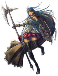 Rule 34 | 1girl, armor, artist request, bad id, bad pixiv id, blue eyes, blue hair, boots, cape, detached sleeves, docoi, fantasy, gauntlets, green eyes, halberd, long hair, matching hair/eyes, original, polearm, shield, simple background, skirt, solo, thigh boots, thighhighs, weapon