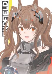 Rule 34 | 1girl, absurdres, angelina (arknights), angelina (endfield) (arknights), animal ears, arknights, arknights: endfield, black gloves, breasts, brown hair, earpiece, fang, fox ears, fox girl, gloves, highres, long hair, looking at viewer, ma rou una luna, small breasts, smile, solo, twintails