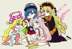 Rule 34 | 4girls, american flag dress, american flag legwear, animal ears, barefoot, biting, black dress, blonde hair, blue eyes, blue hair, chain, chinese clothes, clothes writing, clownpiece, dress, ear biting, earth (ornament), eel, fish, flats, fox tail, full body, gold chain, hat, hecatia lapislazuli, jester cap, junko (touhou), kneeling, light purple hair, long hair, long sleeves, looking at another, looking down, md5 mismatch, miniskirt, moon (ornament), multiple girls, multiple tails, necktie, niwa (njy), print legwear, purple eyes, rabbit ears, red eyes, reisen udongein inaba, resized, shirt, short sleeves, simple background, sitting, skirt, smile, star-shaped pupils, star (symbol), stick, symbol-shaped pupils, t-shirt, tabard, tail, thighhighs, touhou, what, wide sleeves