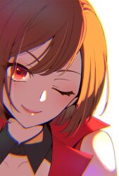 Rule 34 | 1girl, azaka (pipponao), bare shoulders, brown eyes, brown hair, chromatic aberration, collarbone, looking at viewer, meiko (vocaloid), one eye closed, red lips, red vest, short hair, simple background, sleeveless, smile, solo, upper body, vest, vocaloid, white background