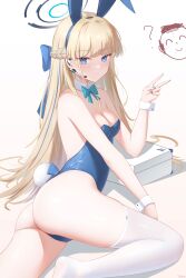 Rule 34 | 1girl, absurdres, animal ears, doodle sensei (blue archive), ass, bare shoulders, blonde hair, blue archive, blue bow, blue eyes, blue hairband, blue leotard, blue nails, bow, bowtie, braid, breasts, briefcase, closed mouth, commentary, detached collar, doraski, fake animal ears, hairband, halo, highleg, highleg leotard, highres, leotard, long hair, lying, medium breasts, official alternate costume, official alternate hairstyle, on side, playboy bunny, rabbit ears, sensei (blue archive), smile, thighhighs, thighs, toki (blue archive), toki (bunny) (blue archive), v, very long hair, white thighhighs, wrist cuffs
