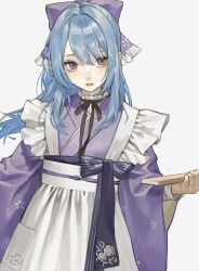 Rule 34 | 1girl, apron, black bow, blue eyes, blue hair, bow, commission, floral print, frilled bow, frilled shirt collar, frills, grey background, hair bow, highres, holding, japanese clothes, kimono, long hair, long sleeves, looking at viewer, maid apron, obi, original, parted lips, purple bow, purple kimono, sakauchi waka, sash, simple background, skeb commission, solo, unfinished, upper body, white apron, white sash