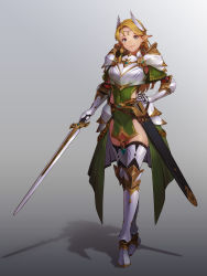 Rule 34 | 1girl, absurdres, armor, armored boots, armpit peek, black thighhighs, blonde hair, blue eyes, boots, breastplate, closed mouth, commentary, covered navel, earrings, elf, faulds, full body, gauntlets, gold trim, gradient background, greaves, green shirt, green skirt, grey background, hair intakes, hair wings, hand on own hip, highres, holding, holding sword, holding weapon, hoop earrings, jewelry, knight, korean commentary, long hair, looking at viewer, original, overskirt, pauldrons, pelvic curtain, pointy ears, radjeong, scabbard, shadow, sheath, shirt, short shorts, shorts, shoulder armor, side slit, simple background, single sidelock, skindentation, skirt, solo, standing, sword, thighhighs, unsheathed, weapon, white armor