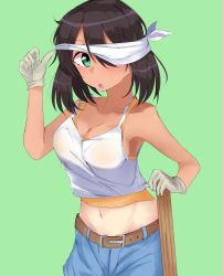Rule 34 | 1girl, :o, absurdres, belt, blindfold, blindfold lift, blue pants, blush, breasts, brown belt, brown hair, camisole, casual, cleavage, collarbone, commentary request, dark-skinned female, dark skin, girls und panzer, gloves, green background, green eyes, grey gloves, groin, highres, hoshino (girls und panzer), kshimu, layered clothes, lifting own clothes, medium breasts, midriff, navel, open mouth, orange shirt, pants, pole, shirt, short hair, simple background, solo, standing, suikawari, upper body, white shirt