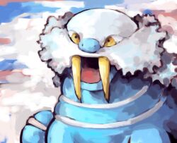 Rule 34 | blue sky, cloud, commentary, creatures (company), day, english commentary, game freak, gen 3 pokemon, nintendo, no humans, open mouth, outdoors, pokemon, pokemon (creature), sailorclef, sky, solo, tusks, walrein, walrus, yellow eyes