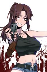 Rule 34 | 1girl, aiming, aiming at viewer, arm tattoo, bare shoulders, black lagoon, breasts, brown hair, collarbone, denim, denim shorts, eyes visible through hair, fingerless gloves, gloves, gun, handgun, holding, holding gun, holding weapon, holster, j.k., looking at viewer, medium breasts, midriff, navel, pistol, ponytail, revy (black lagoon), short shorts, shorts, shoulder tattoo, simple background, sleeveless, solo, standing, stomach, tattoo, teeth, upper body, weapon, white background
