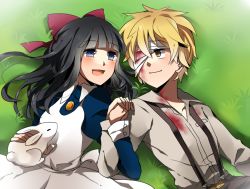Rule 34 | 1boy, 1girl, :d, aya drevis, bandage over one eye, belt, black hair, blonde hair, blood, blue dress, blue eyes, blunt bangs, blush, bow, brown hair, collared shirt, couple, dio (mad father), dress, eye contact, grass, hair bow, hair ornament, hetero, holding, holding hands, jewelry, light smile, looking at another, lying, mad father, necklace, one eye covered, open mouth, pants, puffy sleeves, rabbit, shirt, smile, snowball (mad father), trudy0816