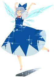 Rule 34 | 1girl, :&gt;, arms up, barefoot, blouse, cirno, closed eyes, dress, embodiment of scarlet devil, female focus, flat color, full body, hair between eyes, happy, noibara, pinafore dress, shirt, short hair, sleeveless dress, solo, touhou, white background, white shirt