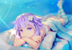 Rule 34 | 1girl, bed, blurry, blurry background, d-pad, d-pad hair ornament, depth of field, hair ornament, looking at viewer, neptune (neptunia), neptune (series), purple eyes, purple hair, segamark, short hair, smile, solo, striped clothes, striped thighhighs, thighhighs