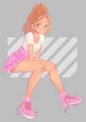 Rule 34 | 1girl, bad id, bad pixiv id, between legs, blush, brown hair, collarbone, full body, go! princess precure, green eyes, grey background, grin, hair ornament, hand between legs, haruno haruka, jj (ssspulse), long hair, looking at viewer, miniskirt, parted bangs, pink footwear, pink skirt, plaid, plaid skirt, pleated skirt, precure, shirt, shoes, short sleeves, sitting, skirt, smile, sneakers, solo, striped clothes, striped shirt, tan, white shirt