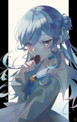 Rule 34 | 1girl, absurdres, blue eyes, blue hair, blue nails, blue neckerchief, blush, brooch, candy, chocolate, chocolate heart, choker, commentary request, earrings, fingernails, food, hair ribbon, heart, highres, holding, holding chocolate, holding food, hololive, hoshimachi suisei, hoshimachi suisei (school uniform), jewelry, looking at viewer, may.l, nail polish, neckerchief, ribbon, sailor collar, solo, star (symbol), star brooch, star in eye, symbol in eye, valentine, virtual youtuber, white sailor collar